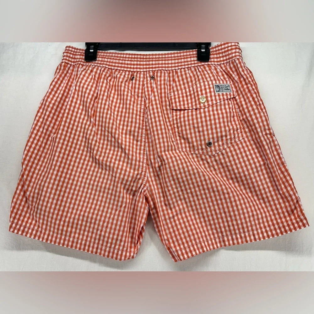 Polo Ralph Lauren Swim Shorts Mens XL Orange White Gingham‎ Check Mesh Lined